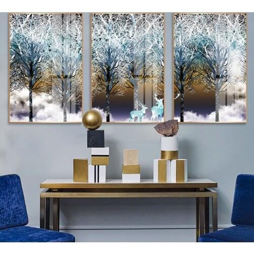 Nordic HD Print Posters Wall Art Winter Forest Tree Deer Snow Clouds Landscape Canvas Painting Pictures for Wall Home Decoration