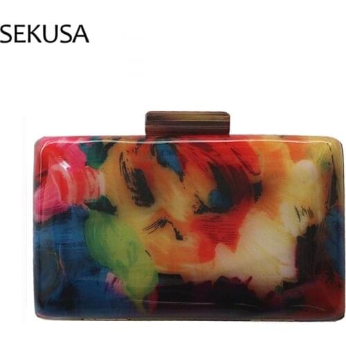 Printed Floral Evening Bags Small Flap Plastic Day Clutch Chain Shoulder Retro Handbags Purse