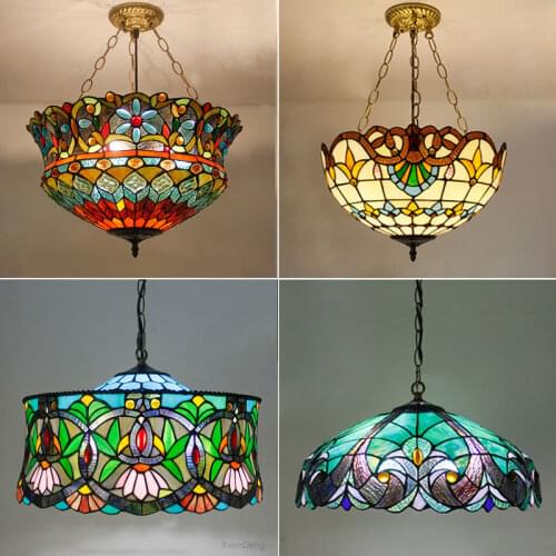 Tiffany Stained Glass Pendant Lights Vintage Mediterranean Hanging Lamp for Kitchen Dining Room Light Fixtures Home Loft Decor