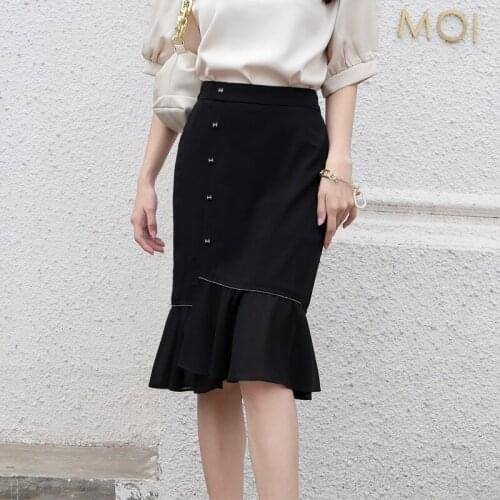 Elegant Single Breasted Skirts Womens Hip Wrap Lady Chiffon Fishtail Skirt Women High Waist Summer Black Midi Skirts Women