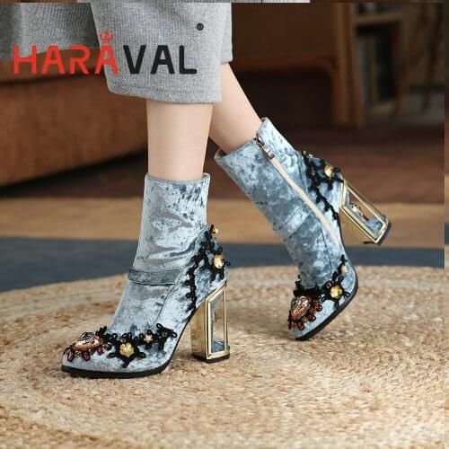 HARAVAL Women Ankle Fashion Boots High Heels Silk Modern Boots Round Toe Shoes Red Black Blue Platform Elegant Fashion E466L