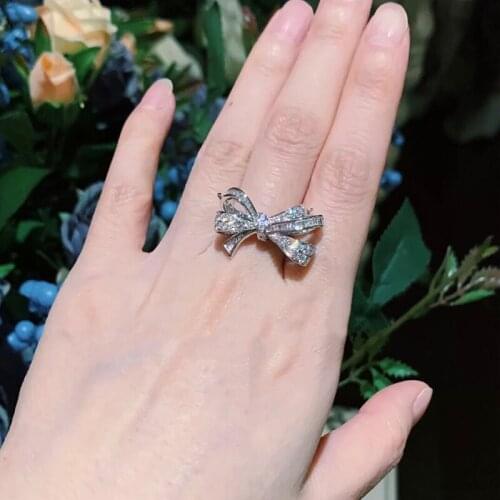 Womens classic fashion full zircon bow S925 sterling silver ring original brand high quality jewelry logo exquisite gift