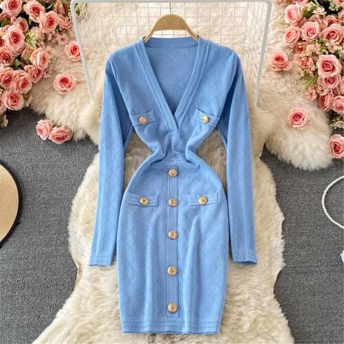 Korean Knitted Elegant Autumn Dress Fashion Puff Sleeve Patchwork Midi Dresses 2021 Skinny Long Sleeve Vestidos Female Clothing
