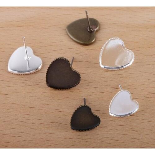 100pcs 10mm 12mm Heart Shape Stud Earrings Settings Silver Color Earring Blank For Women