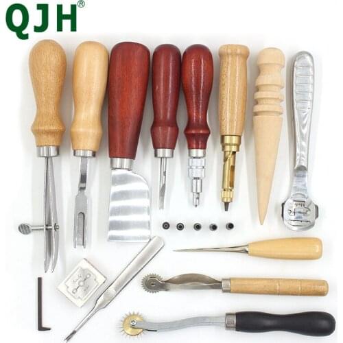 13pcs DIY Leather Craft Tool Kit Leather Edge Pressure Wheel Shovel Cutting Knife Waistband Hole Puncher Awl Wood Polished Rod