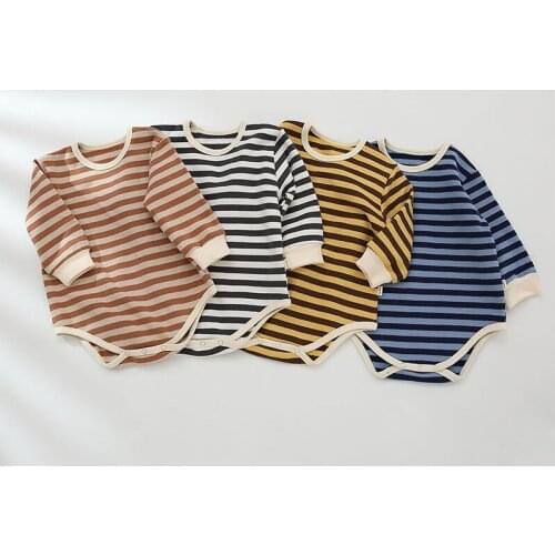 Spring Autumn Newborn Baby Boy Girl Home Clothes Stripe Long Sleeves Romper+Pant+Hat 3pcs Winter Cotton Thick Infant Jumpsuit
