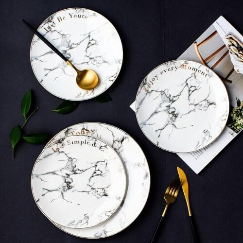 8inch 10inch Nordic Simple Marble Textured Golden Edged Ceramic Flat Plate Vegetable Western Dishes Plate