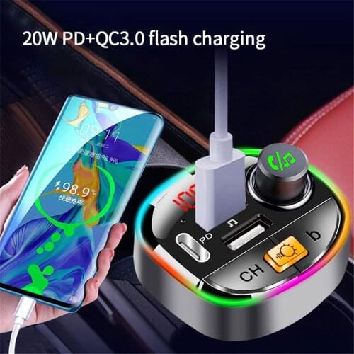 Bluetooth 5.0 FM Transmitter QC3.0+PD Fast USB Charger Adapter Wireless Car MP3 Player Handsfree Car Kit with Bass Audio Backlit