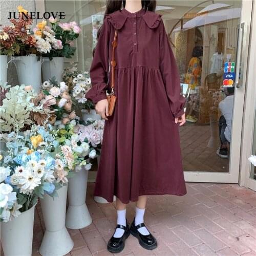 JuneLove 2021 Autumn Women Kawaii Lovely Dress Female Japanese Peter Pan Collar Long Sleeve High Waist Casual Fairy Vestidos