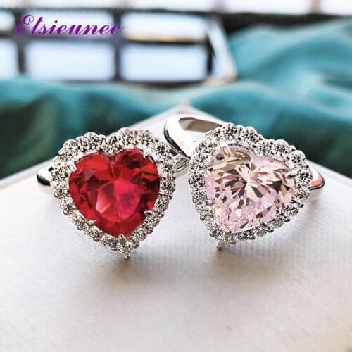 ELSIEUNEE Solid Silver 925 Jewelry Heart Design Ruby Simulated Moissanite Gemstone Engagement Ring Luxury Fine Jewelry Gifts