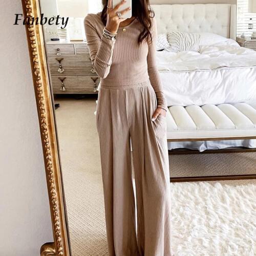 Autumn Knitted Rib Two-Piece Sets Women 2020 Elegant O-Neck Long Sleeves Tops&Long Pants Ladies Casual Solid Color Leisure Suit