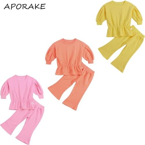 2021 0-6Y Autumn Kids Baby Girl Clothes Set Fashion New Solid Color Lantern Long Sleeve Tunic Top Pullover+Bell-Bottoms 2pcs