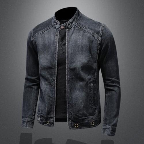 Collar Mens Stand Motorcycle Biker Jeans Jackets Patchwork Denim Man Slim Fit Streetwear Vintage Jacket Spring Coat