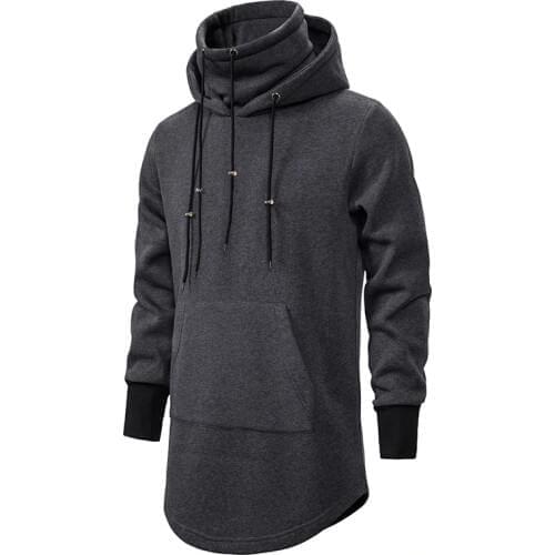 2020 New Men Slim Long section High collar Hooded Sweatshirt Man Extend Curved hem Solid black Cotton Casual Pullover Hoodies