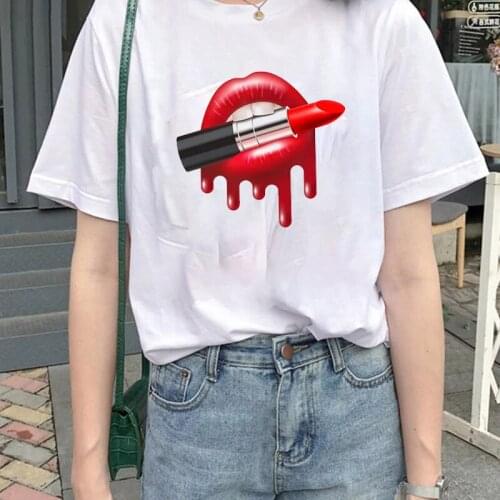 New Summer Female Tops Tees Red Mouth Lip Kiss Women Black White Summer Loose Fashion Female Tshirts Funny Graphic Girl Tee