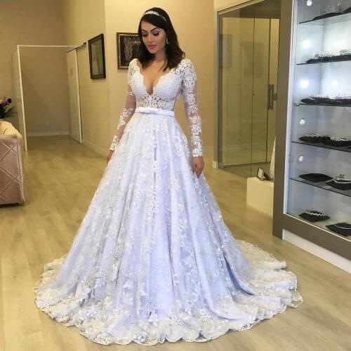 Sexy V Neck Lace A Line Wedding Dress 2020 Appliques Long Sleeves Elegant Wedding Gowns Custom Made Princess Vestidos De Noiva