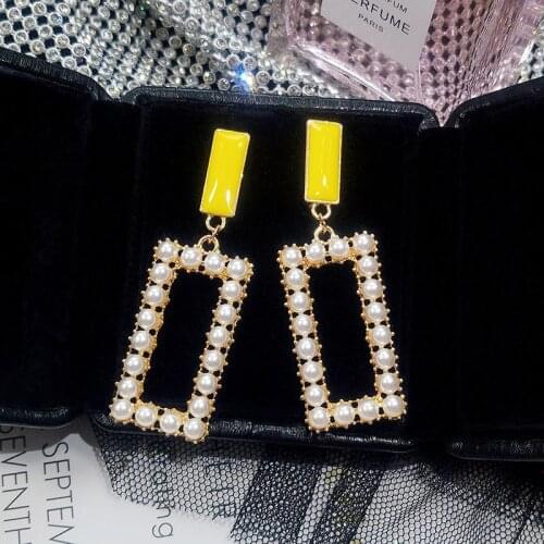 Hollow Rectangular Earrings Women Exaggerated Yellow Enamel Geometric Imitation pearls Earing Korean Temperament Long earings
