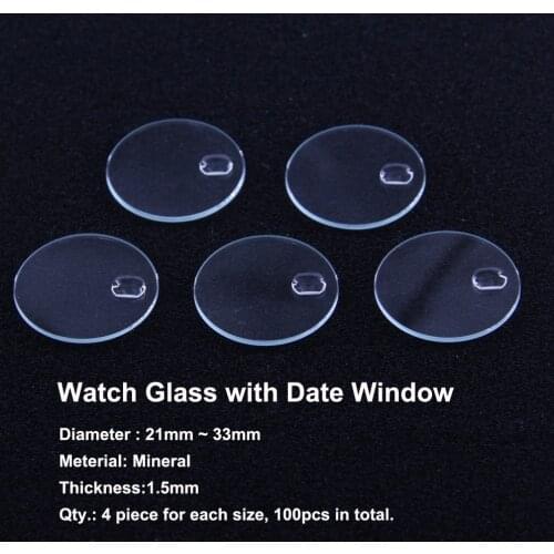 100pcs/box Watch Glass Replacement Parts 21mm~33mm Mineral Round Flat Watch Glass with Date Lens for Watchmaker Repair