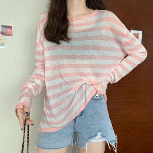 Stripe Knit T-shirt Blouse Super Fairy Summer 2021 New Thin Long Sleeve Ice Cream Top