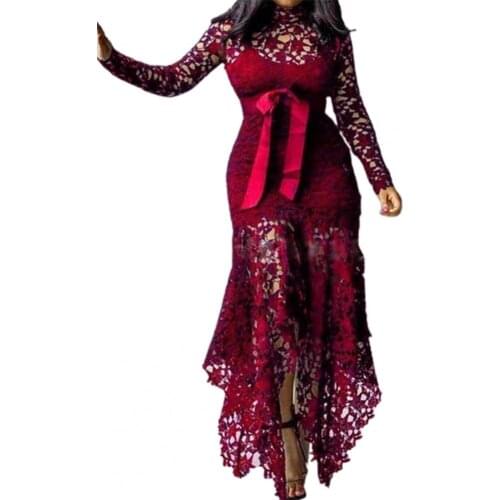 Formal Women Dress Stand Collar Hollow out Lace Breathable Patchwork Irregular Fishtail Hem Dress robe femme vetement femme 2021