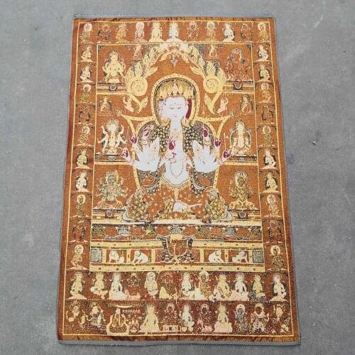 35" Thangka embroidery Tibetan Buddhism silk embroidery brocade Nepal Three-headed six-armed Guanyin Bodhisattva Thangka