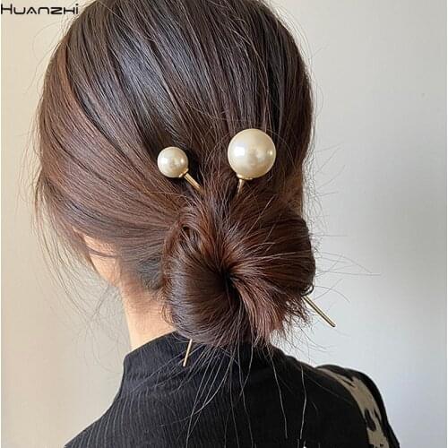 HUANZHI 2020 New Delicate Metal Geometic Disk Hairpins 3 Size Pearl Ball Head Long Hair Sticks Headwear Accessories for Women