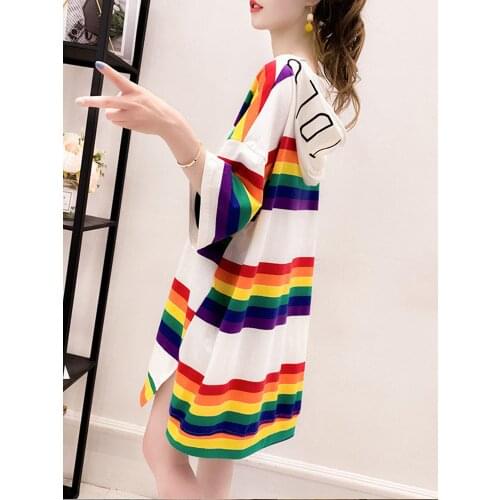 High quality new small fresh y2k Fashion aesthetic rainbow striped female loose large size korean style base sexy long hoodie
