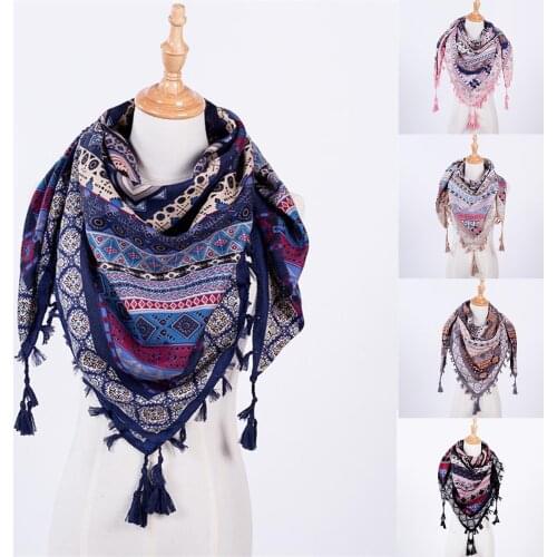 Boho Women Winter Neck Wrap Long Warm Scarf Cotton Ethnic Print Triangle Tassel Shawl neck bandana neck gaiter 2020 fashion NEW