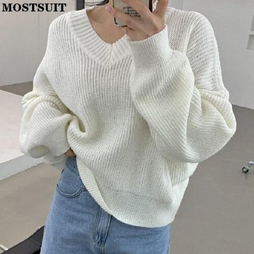 Solid Chic V-neck Knitted Sweater Pullover Women Full Sleeve Loose Casual Fashion Jumpers Korean Basic Female Knitted Tops 2021