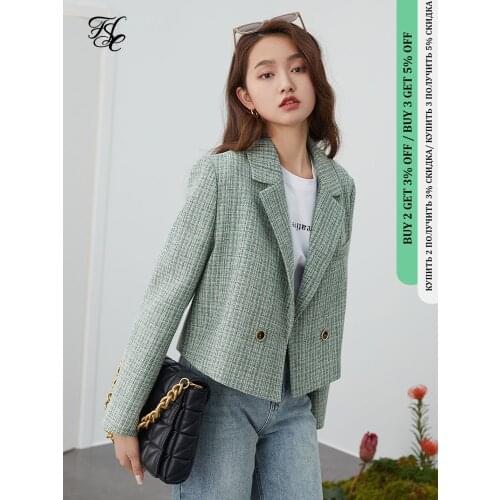 FANSILANEN Green tweed plaid short blazer Women elegant office oversized blazer jacket Female casual streetwear spring coat 2021