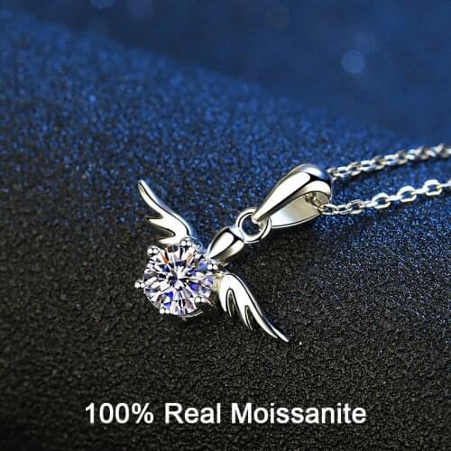 Real Moissanite Necklace 925 Sterling Silver 0.5 Ct Round Cut Diamond Angel Wings Pendant Necklace for Women Girls Promise Gift