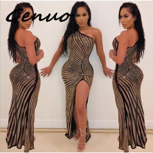 Genuo 2019 Women Summer New Stripes Mesh See Though Hot Drilling Rhinestones One Shoulder High Side Split Party Club Maxi Dress