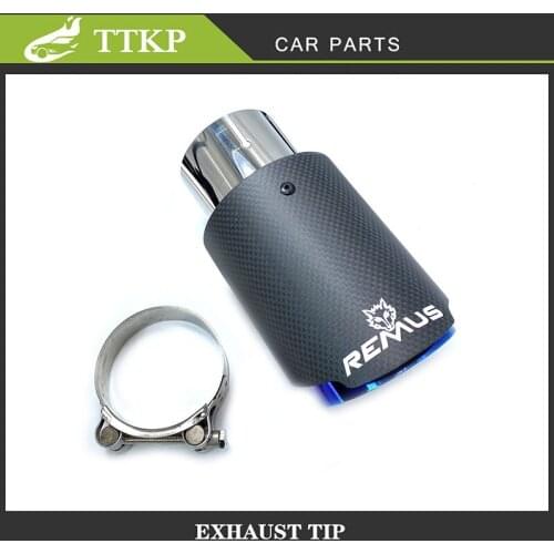1Piece Matt Carbon Fiber+Black Stainless steel Tail End Blue Flange Muffler Tip With Remus Logo Nozzle