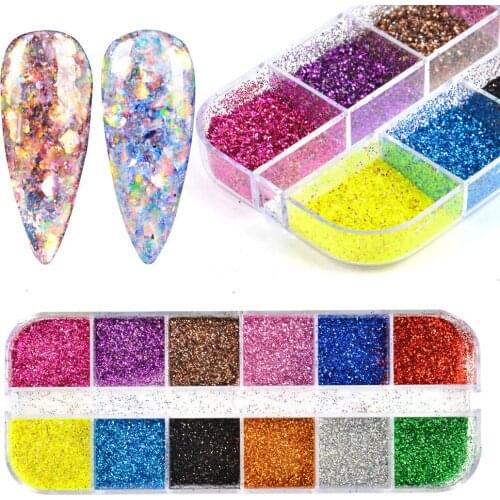 YWK 12 Grid Holographic Design for Nail Glitter Flakes Mixed Hexagon Shine Sequins Nail Art Paillette Laser Manicure DIY Tips