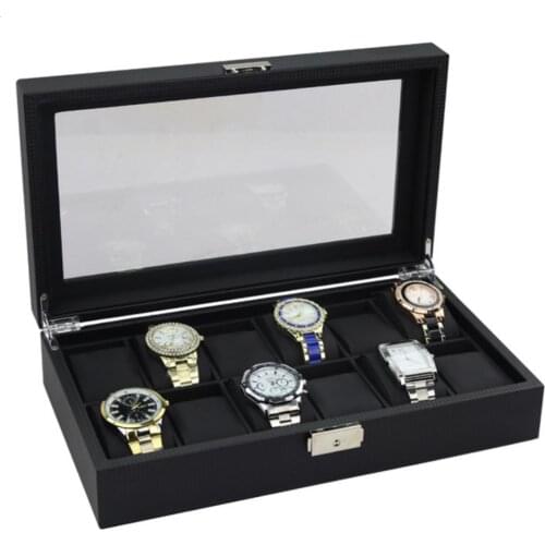 12 Slot Luxury Watch Case Display Organizer, Carbon Fiber for Mens Jewelry Watches,Glass Top, Metal Buckle