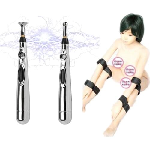 Electro Shock Pen Massager G-Spot Clitoris Stimulator Masturbator Bondage Hand Arm To Thigh Cuff Bondage System Straps Sex Toys