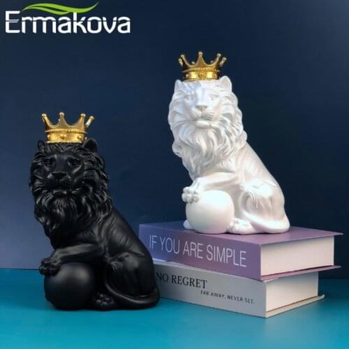 ERMAKOVA Nordic Creative Crown Lion Figurine Resin Animal Statue Sculpture Lucky Home Decoration Desktop Accessories Gift