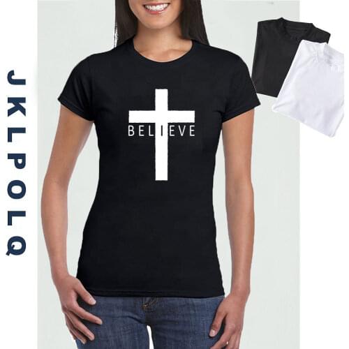 JKLPOLQ Believe in Jesus Cross Print T-Shirt Women Christian Gifts Ladies Summer Short Sleeve Top Casual Tee