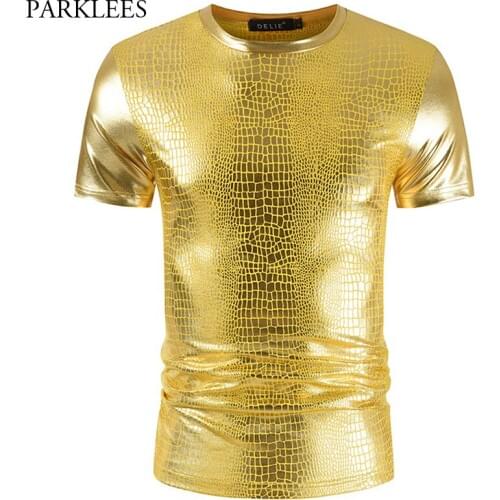 Sexy Snake Pattern Gold Coated Metallic Tshirt Men 2020 Nightclub Party Prom T-shirt Homme Hip Hop Hipster Streetwear Camisetas
