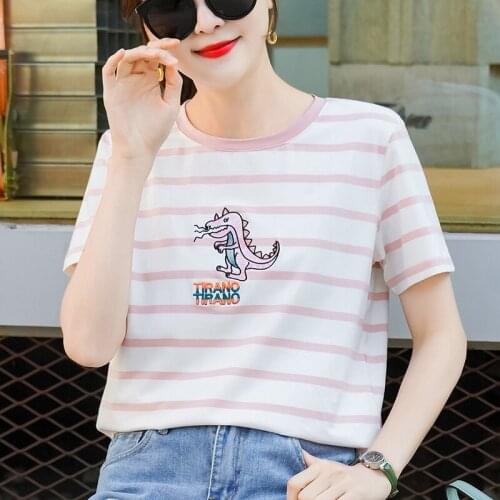 Fashion Striped T-shirt Women Casual O-neck Short Sleeve Printed Loose Breathable Tees Simple Soft Streetwear Top Summer 2021