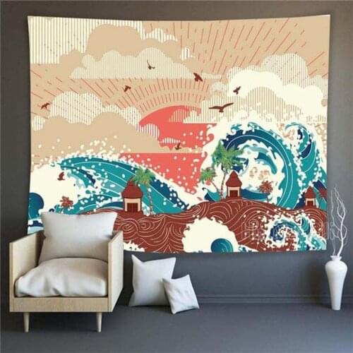 Blue Ocean Wave Tapestry Japanese Landscape Sun Birds Temple Wall Hanging Art Home Decor