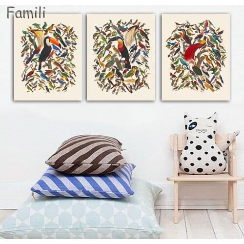 Vintage Retro Watercolor Birds Wooden Framed Canvas Paintings Larger Animals Triptych Home Decor Wall Art Print Pictures Poster