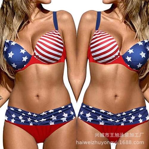 Large Split Swimsuit Star Stripe Print Womens Push Up Bikini Swimsuits Padded Swimwear Bathing Suits 40
