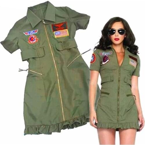 Retro Top Gun Maverick Flight Dress Halloween Costume For Adult Women Army Green American Military Pilot Uniform Cosplay