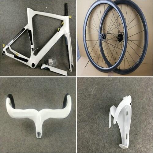 Customize Logo White Disc brake Concept Road Carbon Frames and 38mm Disc carbon Wheelset Handlebar Bottle Cages