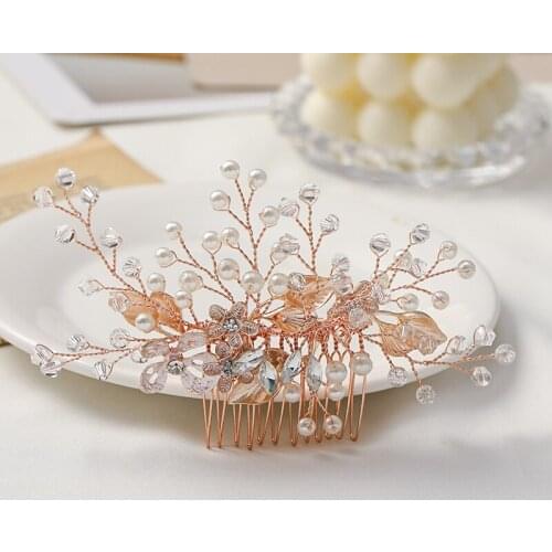 Fashion Wedding Rose Gold Comb Headdress Pearl Rhinestone Hair Accessories Bride Handmade Tiara Ladies Prom Jewelry