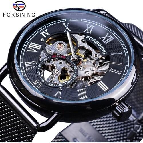 Forsining Classic Black Silver Skeleton Clock Mesh Band Design Waterproof Mens Mechanical Watches Top Brand Luxury Montre Homme