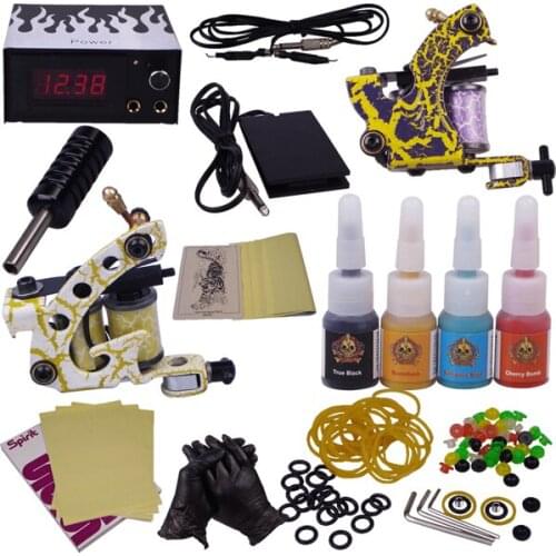 Tattoo permanent makeup kit permanent eyebrow lip body art set 2 top tattoo gun 4 color inks YLT-T2