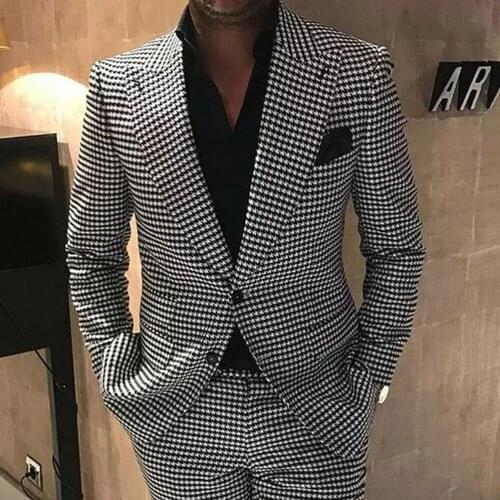 Newest Tweed Woolen Mens Blazer 2 Pcs White/Black Houndstooth Prom Groom Wear Party Tailor-Made Suits Two Button Jacket+Pants