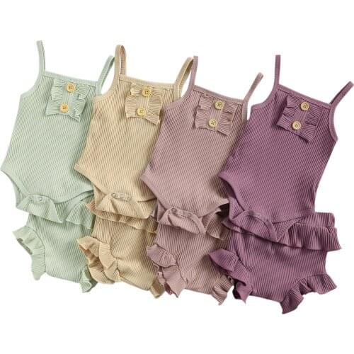 New Newborn Baby Girls Summer Clothing Outfit Sleeveless Solid Color Knitted Romper and Ruffle Shorts for Kid Girls